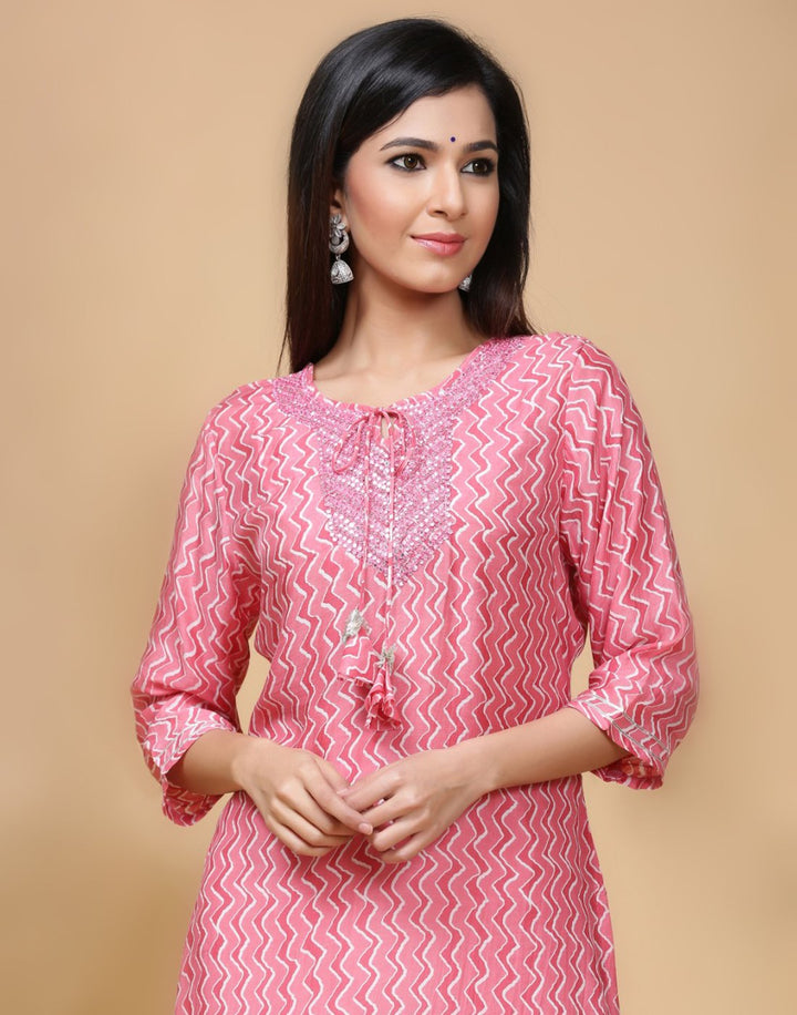 Printed Cotton Muslin Kurti With Yoke Work