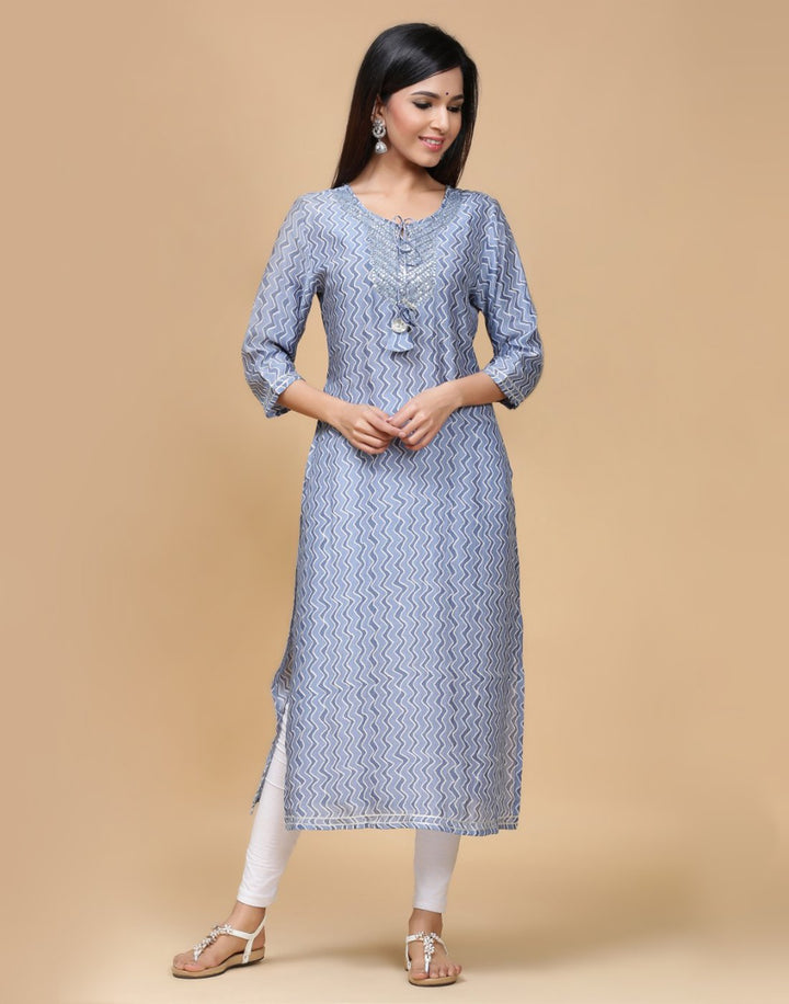 Printed Cotton Muslin Kurti With Yoke Work