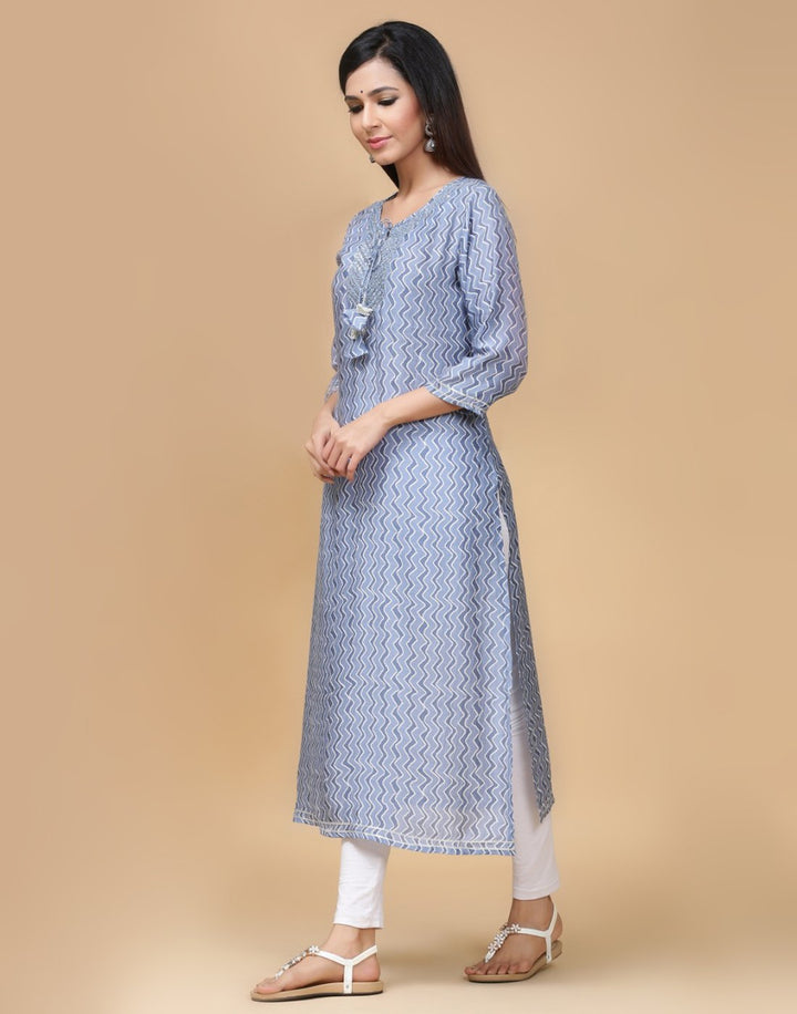 Printed Cotton Muslin Kurti With Yoke Work