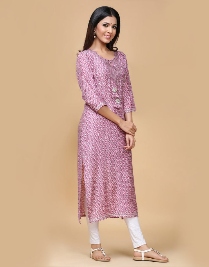 Printed Cotton Muslin Kurti With Yoke Work