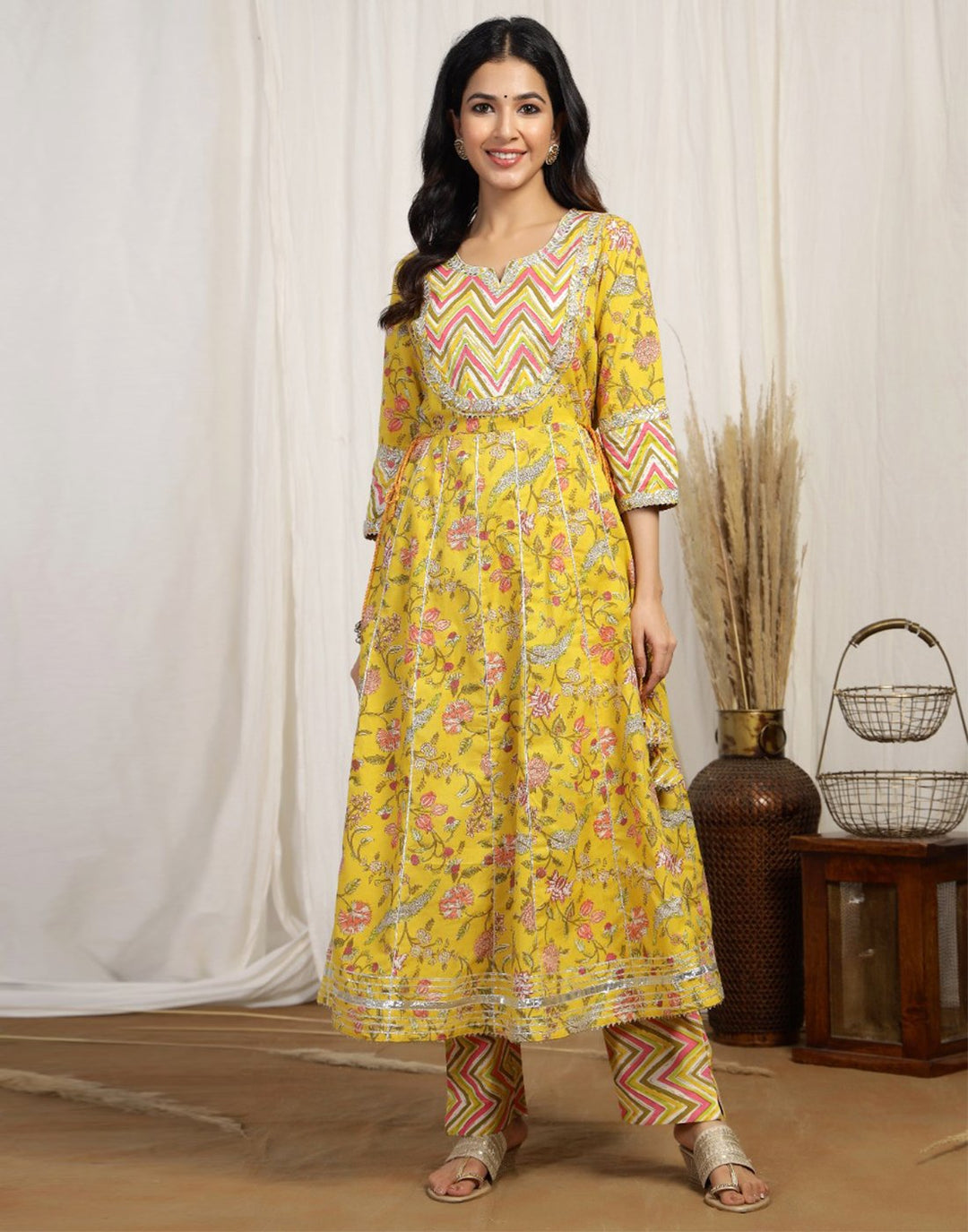 Cotton Printed Anarkali Kurti Pant Set with Yoke Detail