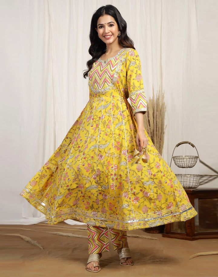 Cotton Printed Anarkali Kurti Pant Set with Yoke Detail