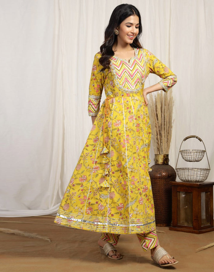 Cotton Printed Anarkali Kurti Pant Set with Yoke Detail