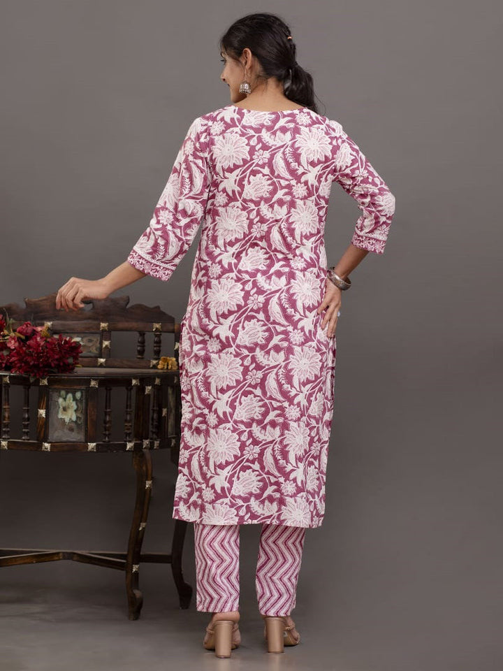 Floral Printed Cotton Kurta With Pants &amp; Dupatta