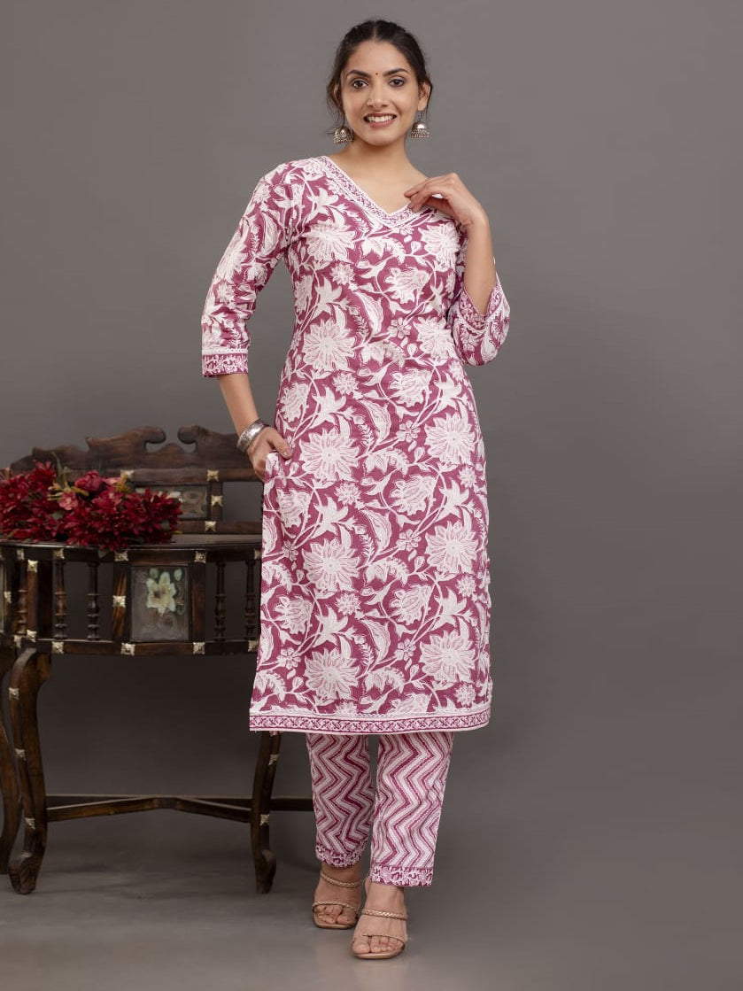 Floral Printed Cotton Kurta With Pants &amp; Dupatta