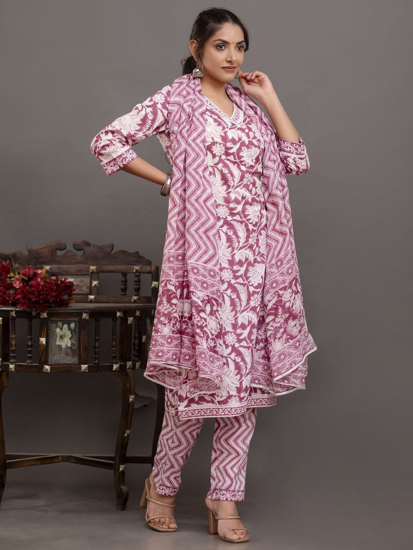 Floral Printed Cotton Kurta With Pants &amp; Dupatta