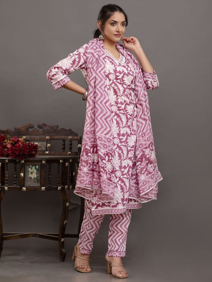 Floral Printed Cotton Kurta With Pants &amp; Dupatta