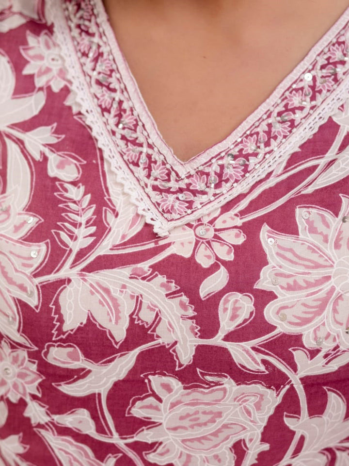 Floral Printed Cotton Kurta With Pants &amp; Dupatta