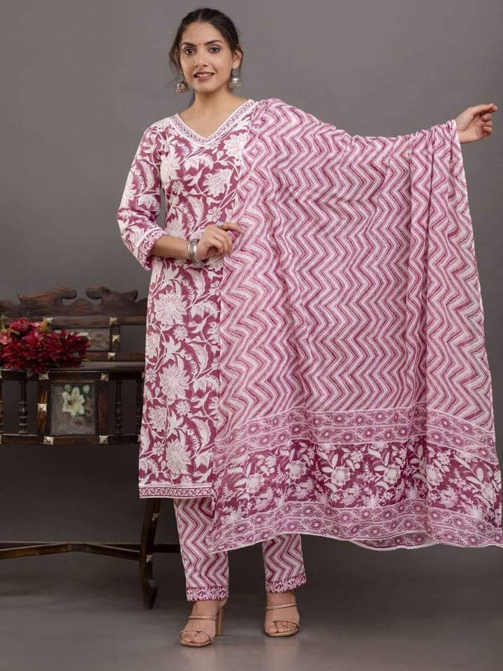 Floral Printed Cotton Kurta With Pants &amp; Dupatta