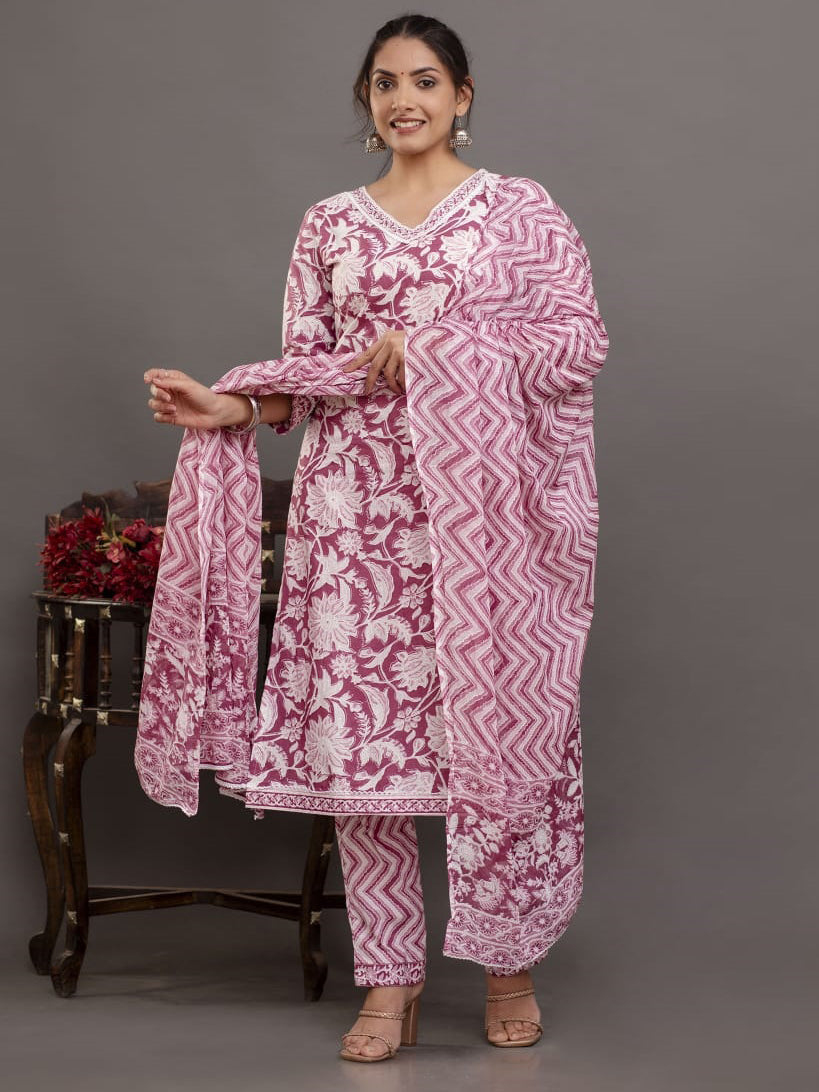 Floral Printed Cotton Kurta With Pants &amp; Dupatta