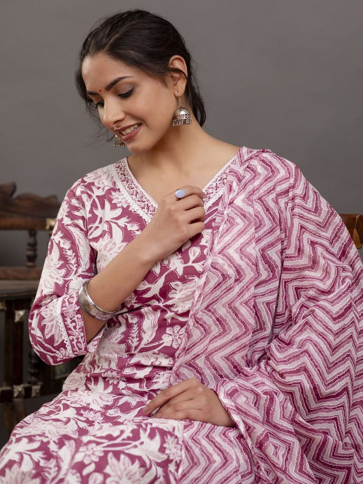 Floral Printed Cotton Kurta With Pants &amp; Dupatta