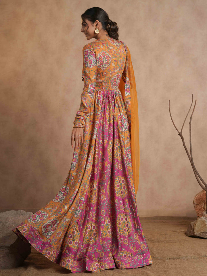 Floral Printed Cotton Anarkali Kurta With Legging And Dupatta