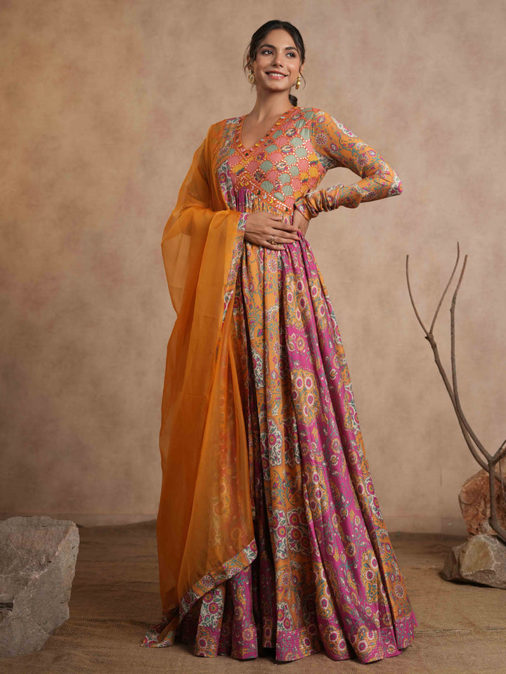 Floral Printed Cotton Anarkali Kurta With Legging And Dupatta