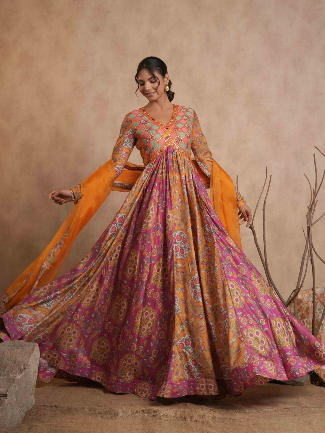 Floral Printed Cotton Anarkali Kurta With Legging And Dupatta