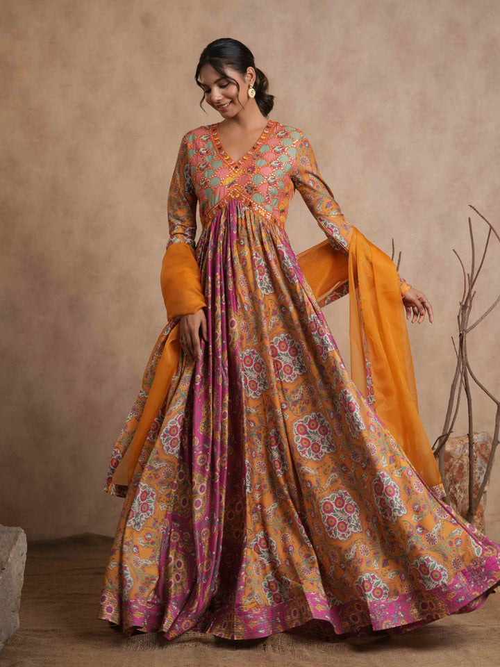 Floral Printed Cotton Anarkali Kurta With Legging And Dupatta
