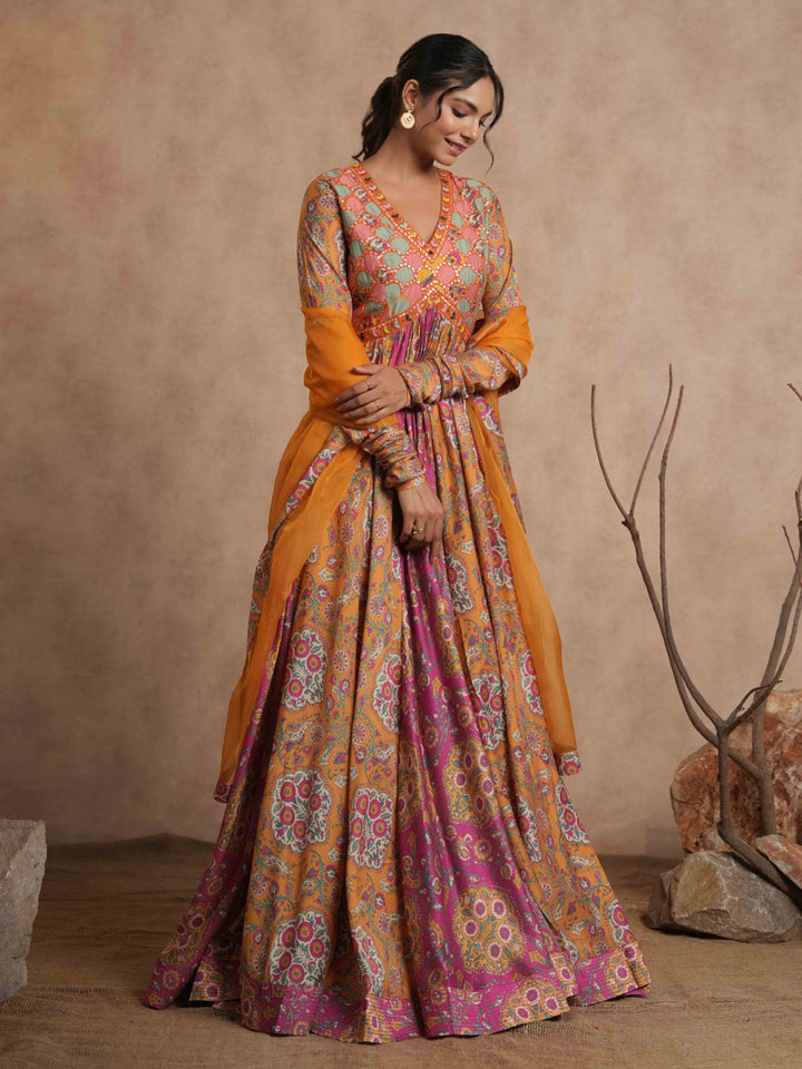 Floral Printed Cotton Anarkali Kurta With Legging And Dupatta