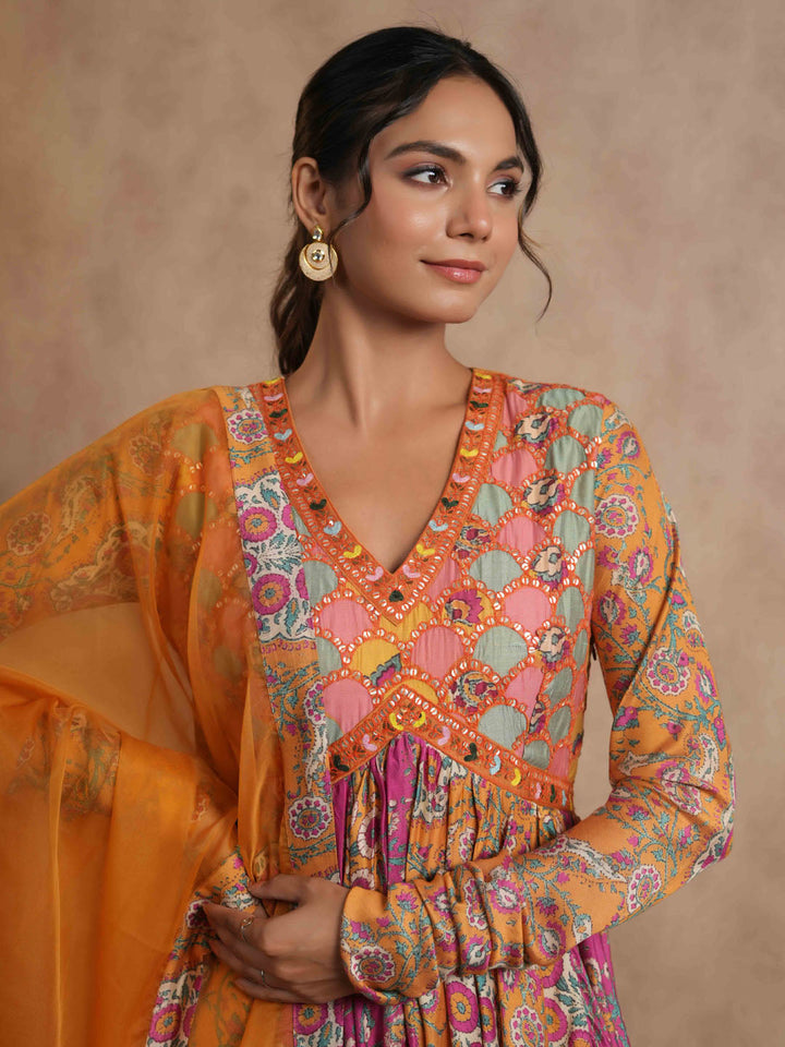 Floral Printed Cotton Anarkali Kurta With Legging And Dupatta