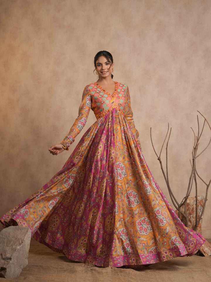 Floral Printed Cotton Anarkali Kurta With Legging And Dupatta