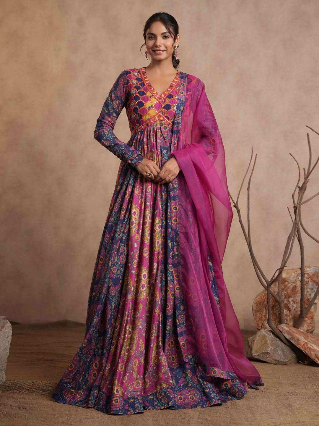 Floral Printed Cotton Anarkali Kurta With Legging And Dupatta