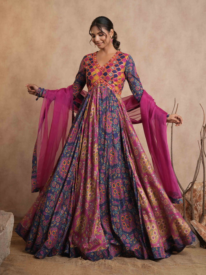 Floral Printed Cotton Anarkali Kurta With Legging And Dupatta