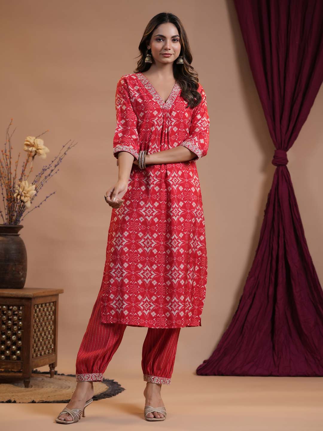 Floral Printed Cotton Kurta With Pants &amp; Dupatta