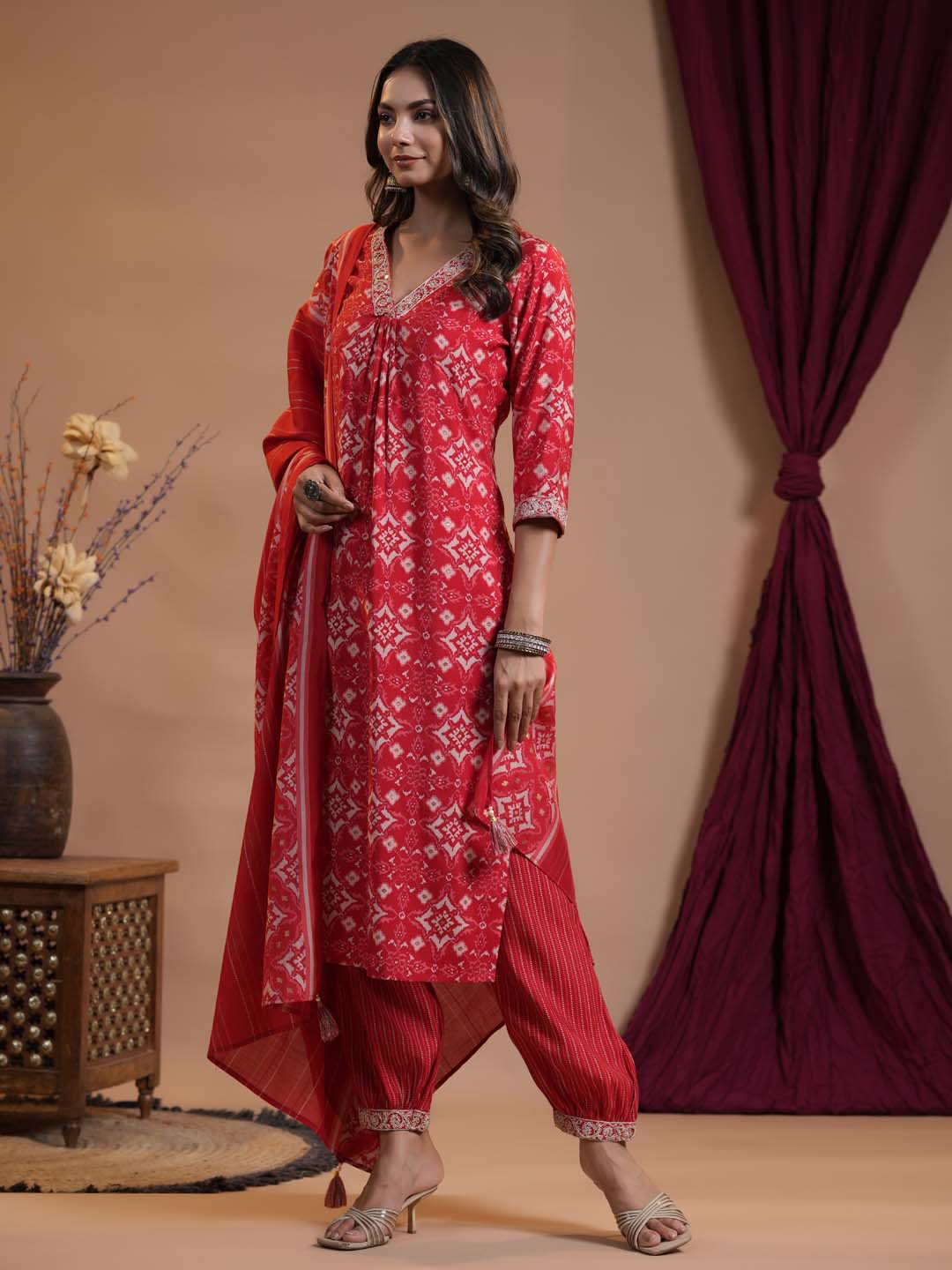 Floral Printed Cotton Kurta With Pants &amp; Dupatta