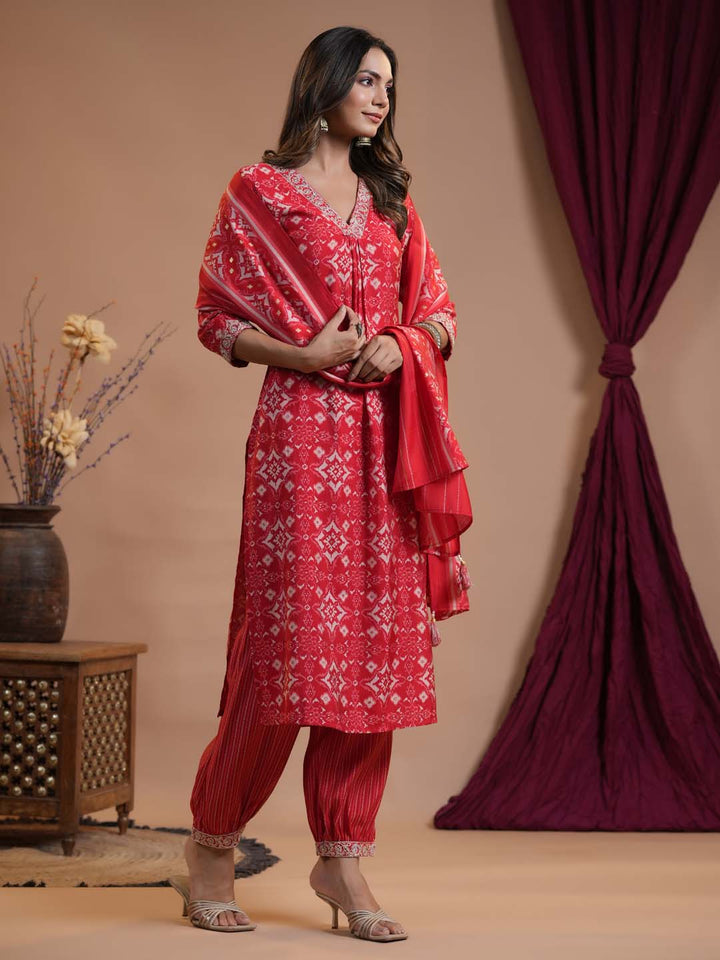 Floral Printed Cotton Kurta With Pants &amp; Dupatta