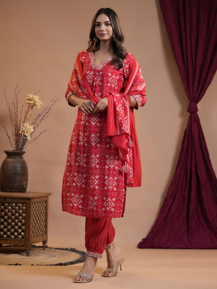Floral Printed Cotton Kurta With Pants &amp; Dupatta