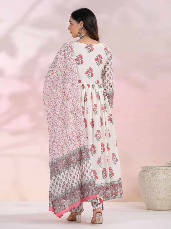 Floral Printed Cotton Kurta With Pants &amp; Dupatta