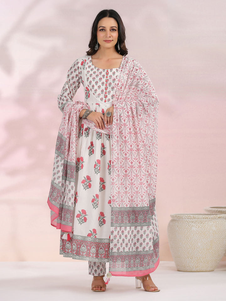 Floral Printed Cotton Kurta With Pants &amp; Dupatta