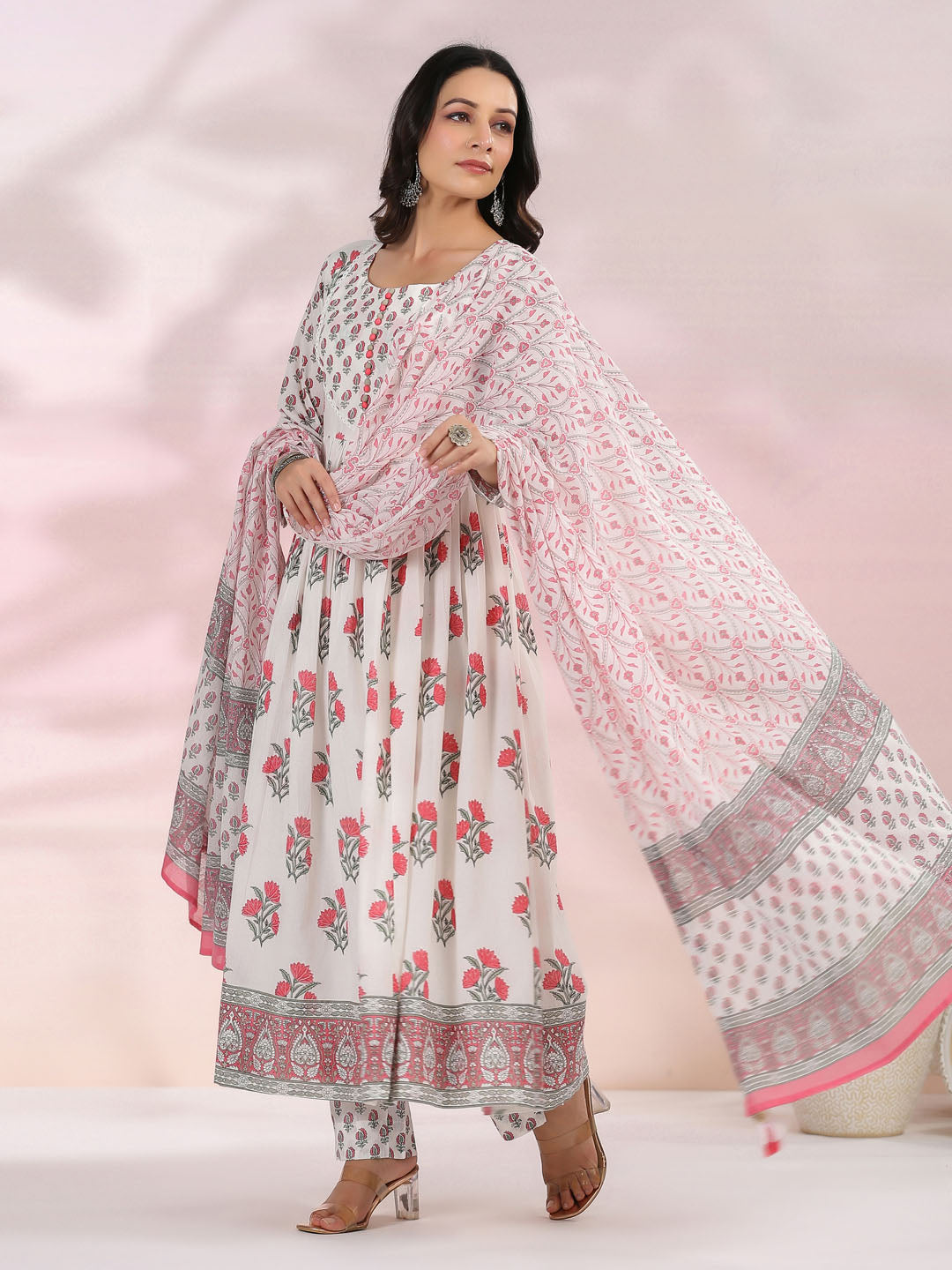 Floral Printed Cotton Kurta With Pants &amp; Dupatta