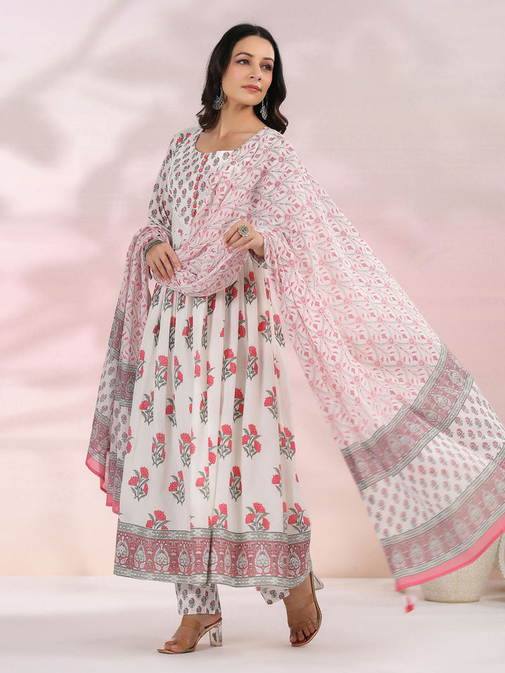 Floral Printed Cotton Kurta With Pants &amp; Dupatta