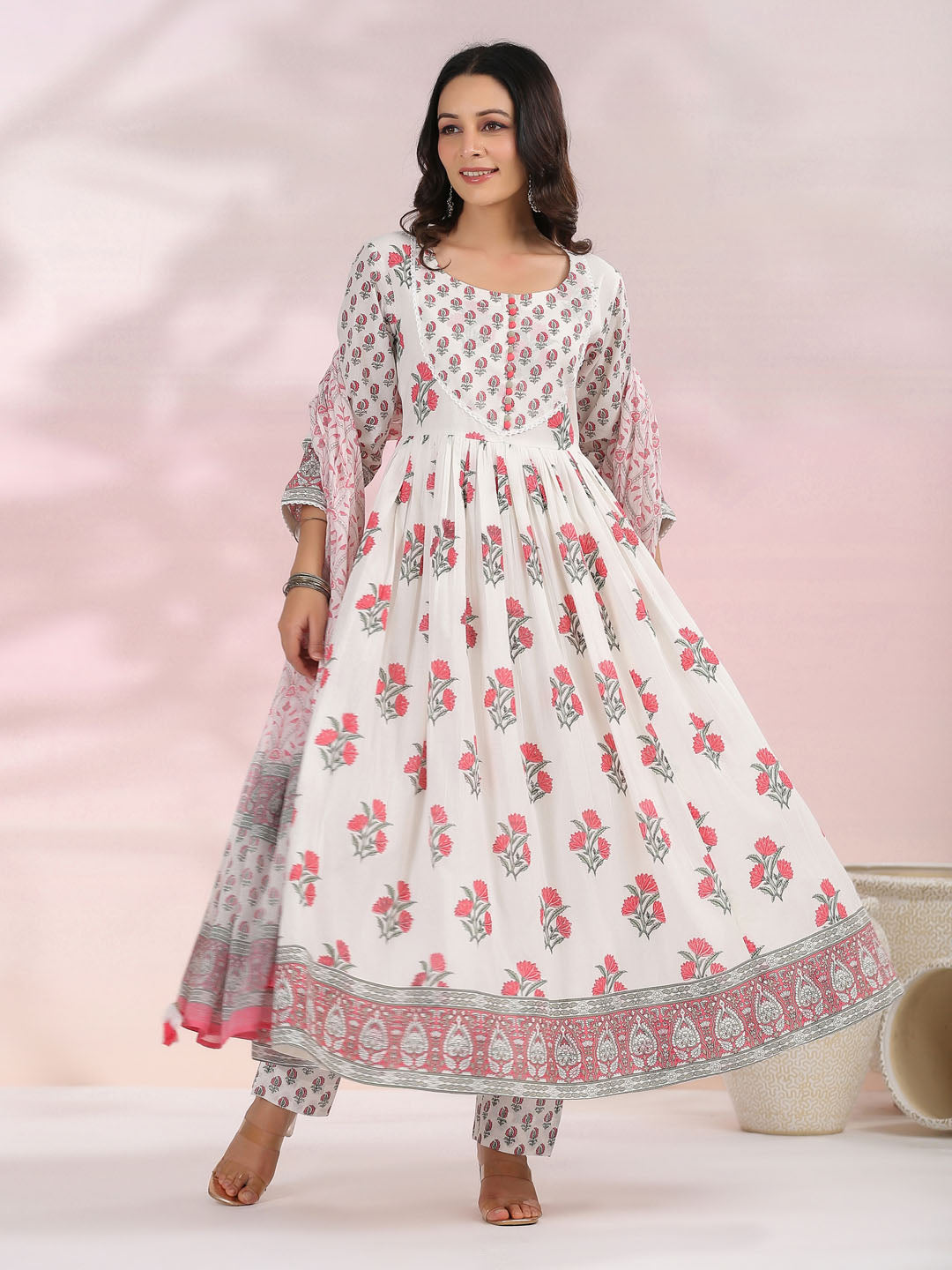 Floral Printed Cotton Kurta With Pants &amp; Dupatta