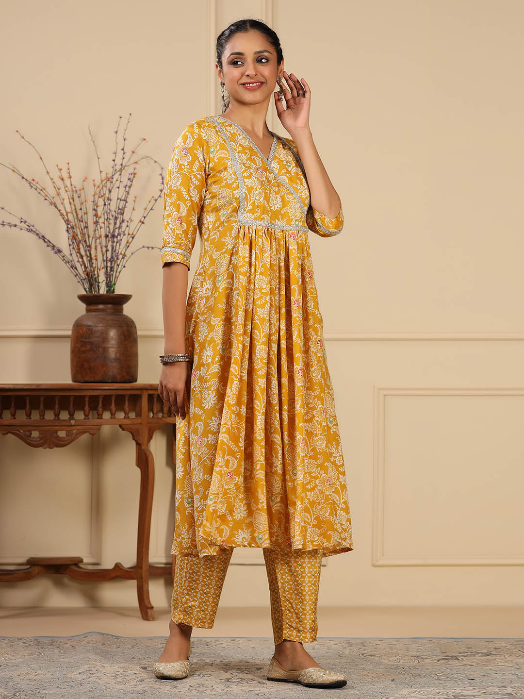 Floral Printed Muslin Anarkali Kurta Set