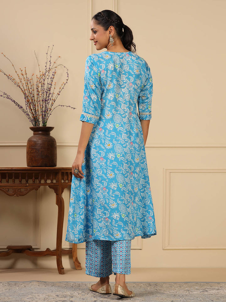Floral Printed Muslin Anarkali Kurta Set