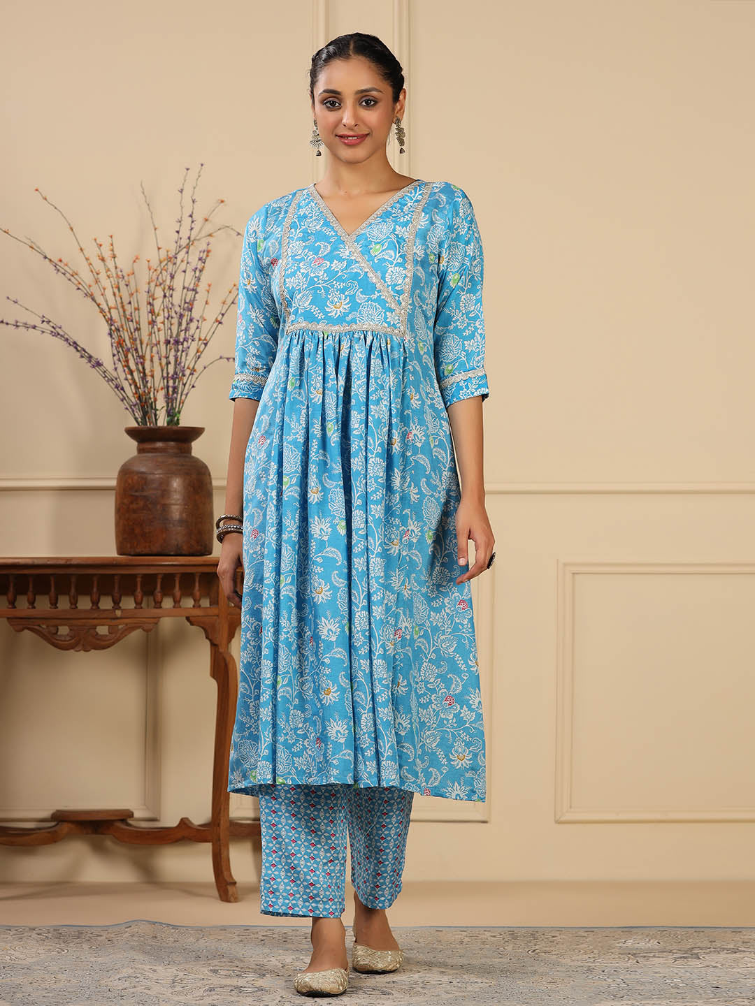 Floral Printed Muslin Anarkali Kurta Set