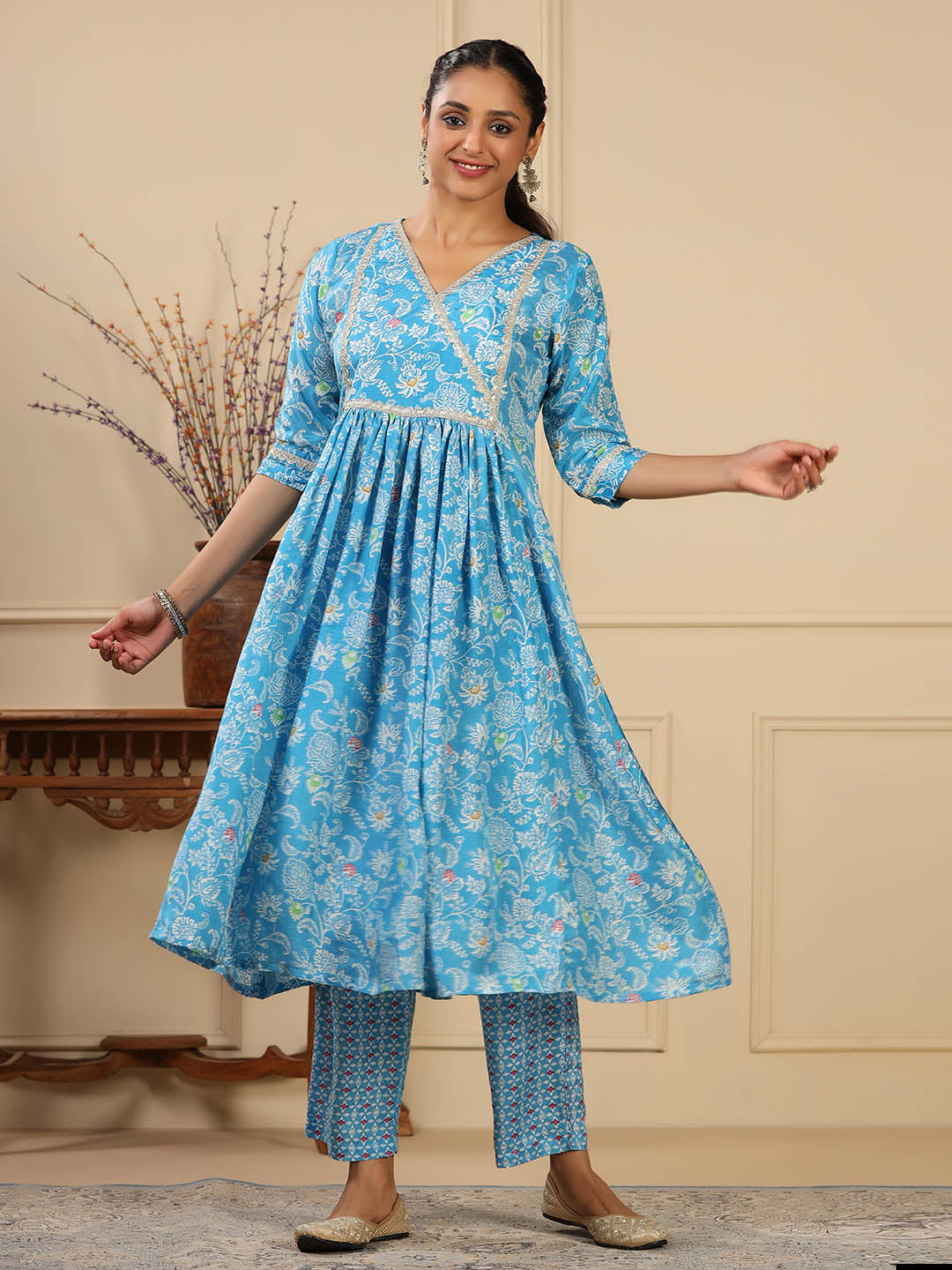 Floral Printed Muslin Anarkali Kurta Set