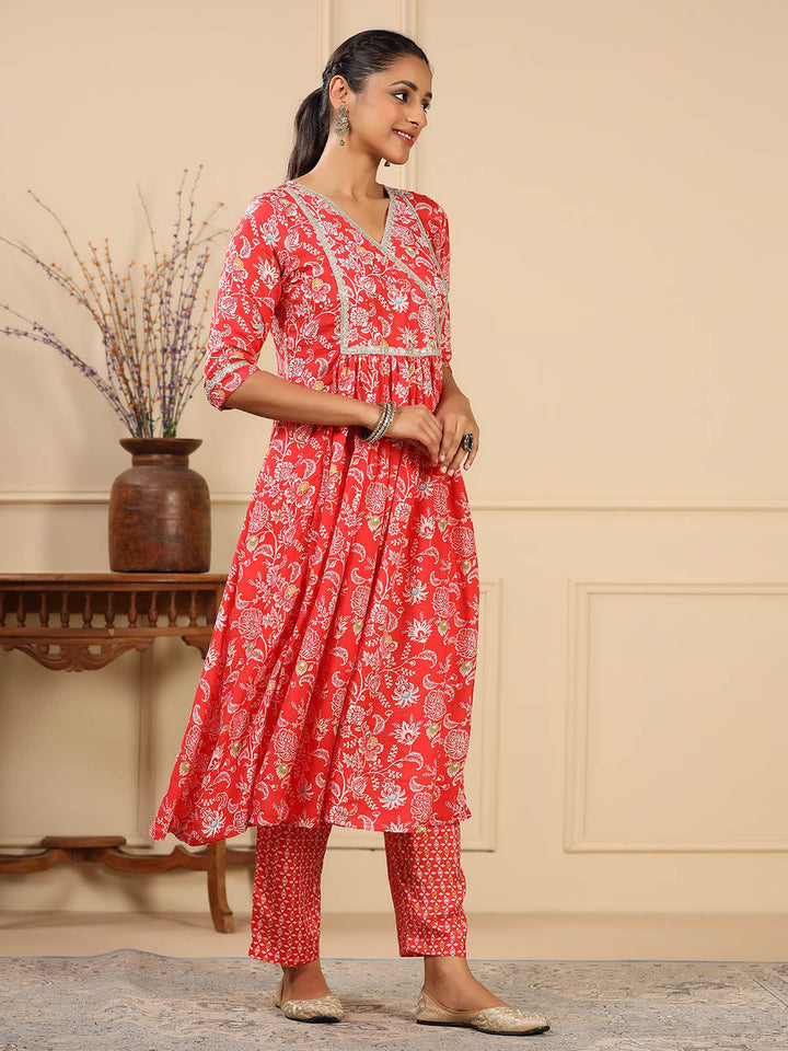 Floral Printed Muslin Anarkali Kurta Set