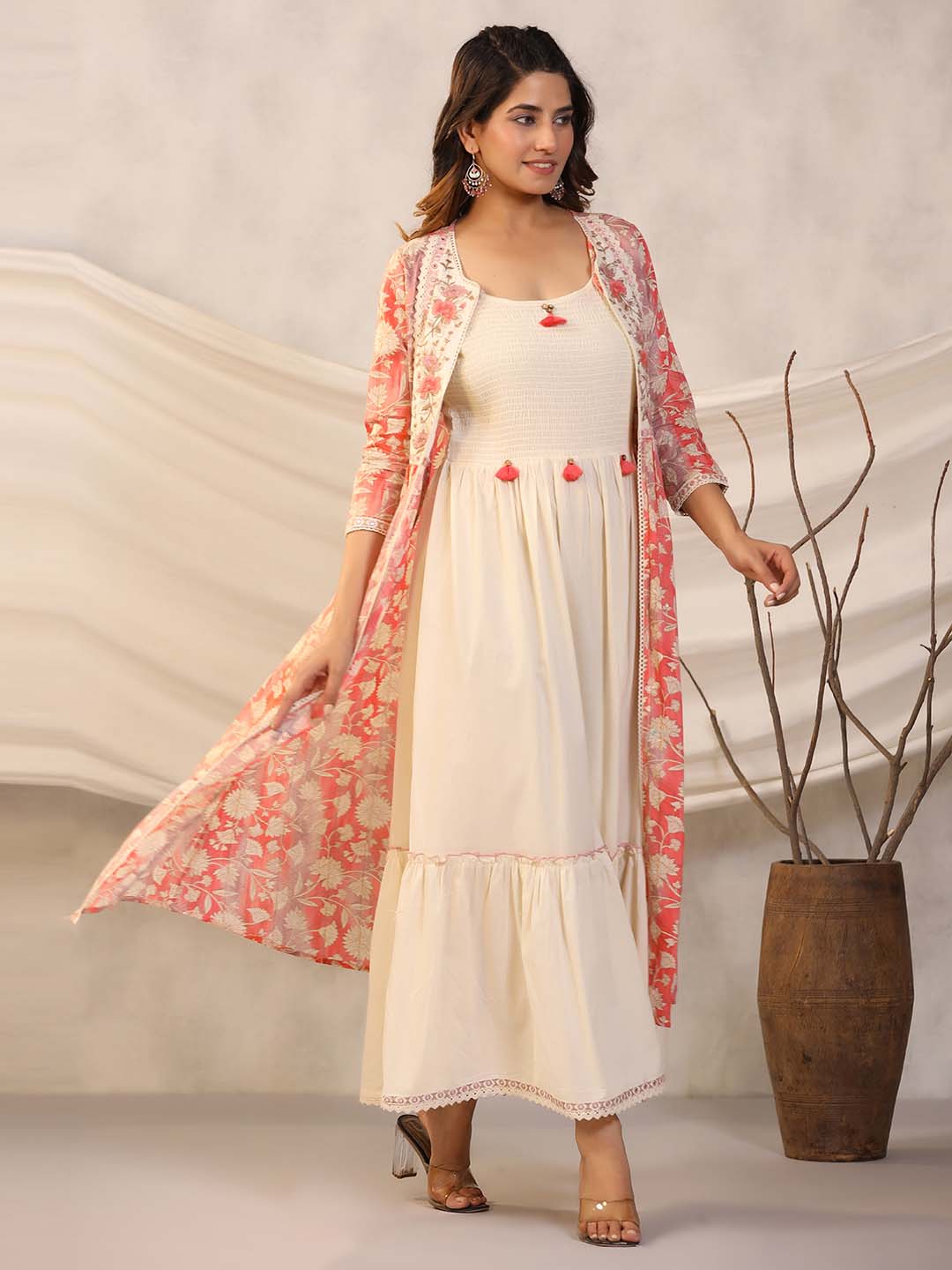Floral Printed Cotton Gown With Jacket