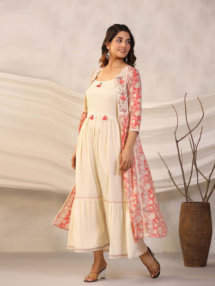 Floral Printed Cotton Gown With Jacket