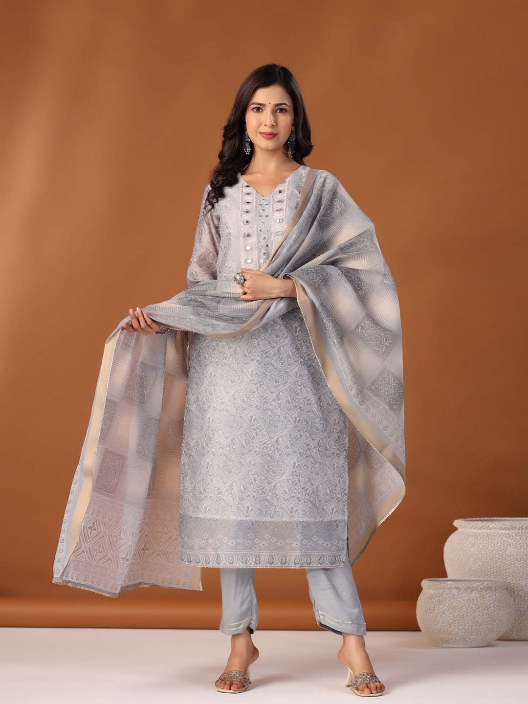 Printed Cotton Kurta With Pants &amp; Dupatta