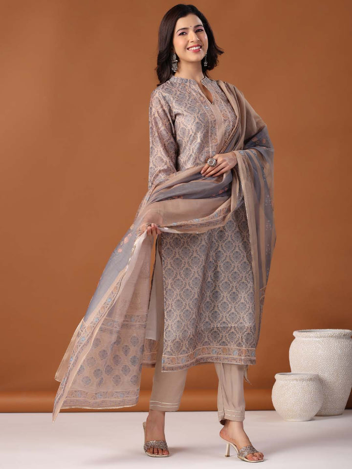 Printed Cotton Kurta With Pants &amp; Dupatta