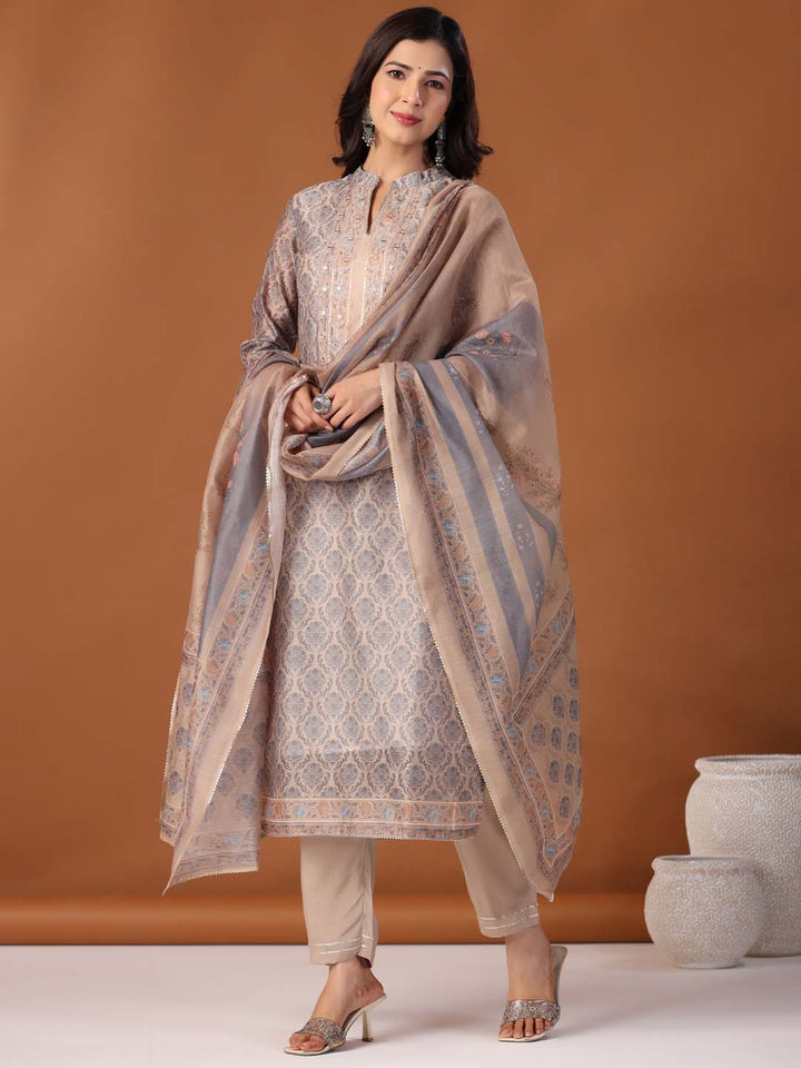 Printed Cotton Kurta With Pants &amp; Dupatta