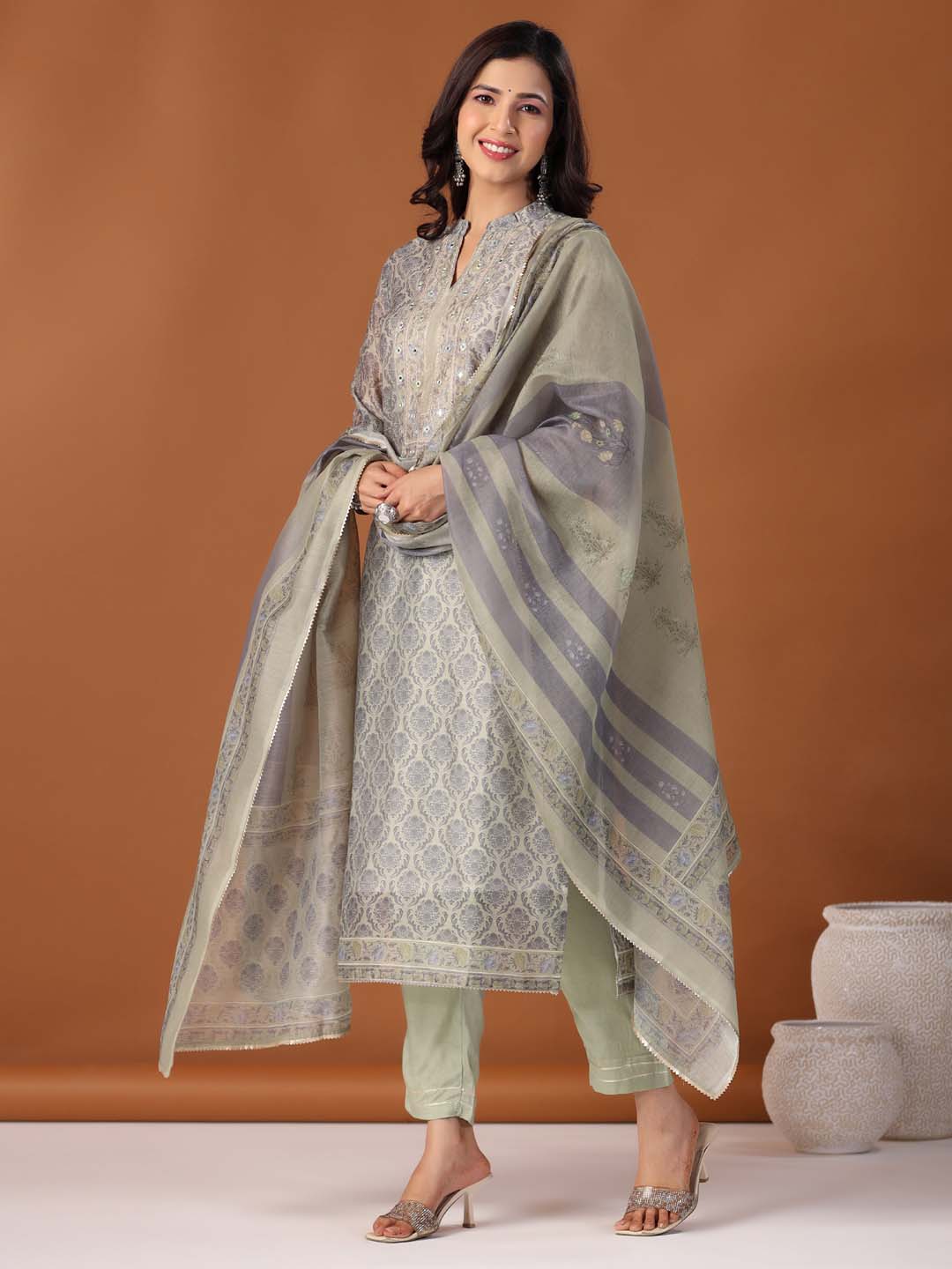 Printed Cotton Kurta With Pants &amp; Dupatta