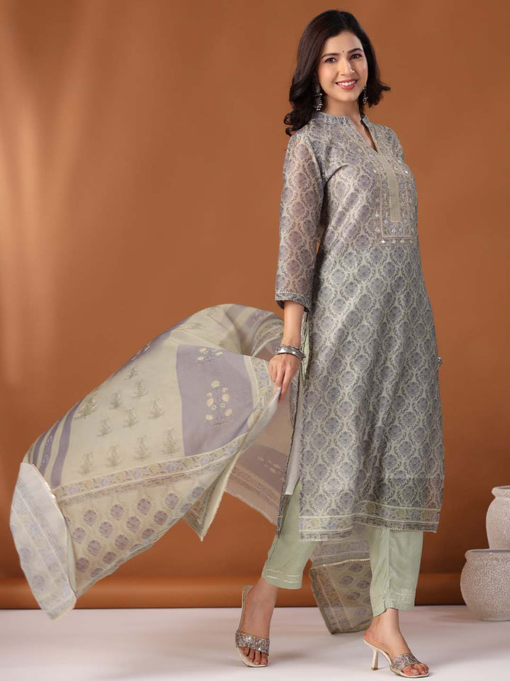 Printed Cotton Kurta With Pants &amp; Dupatta