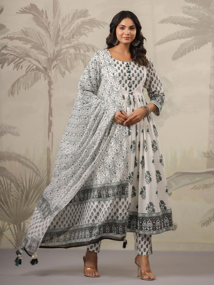 Floral Printed Cotton Kurta With Pants &amp; Dupatta