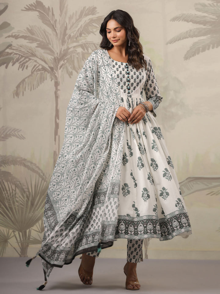 Floral Printed Cotton Kurta With Pants &amp; Dupatta
