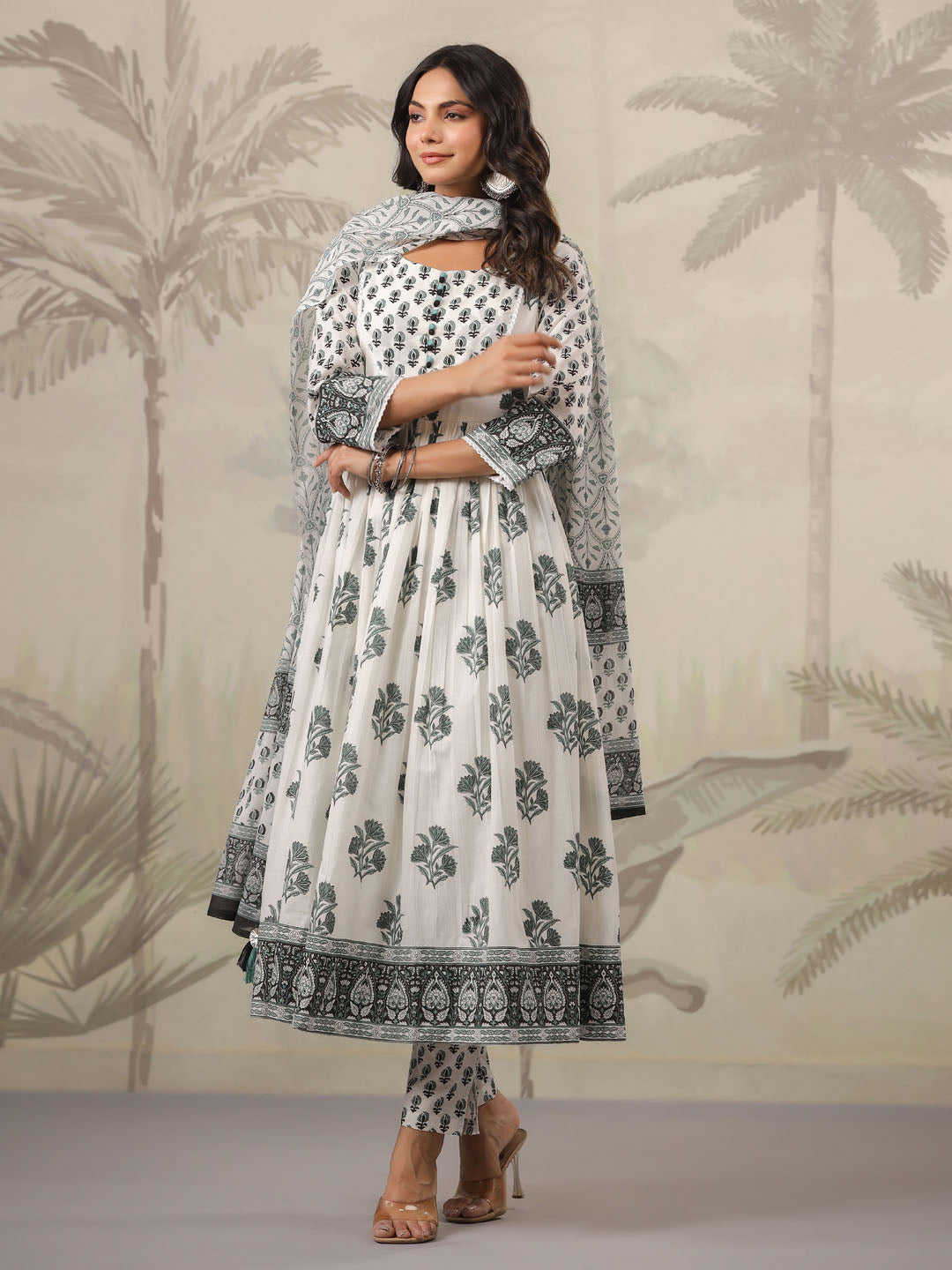 Floral Printed Cotton Kurta With Pants &amp; Dupatta