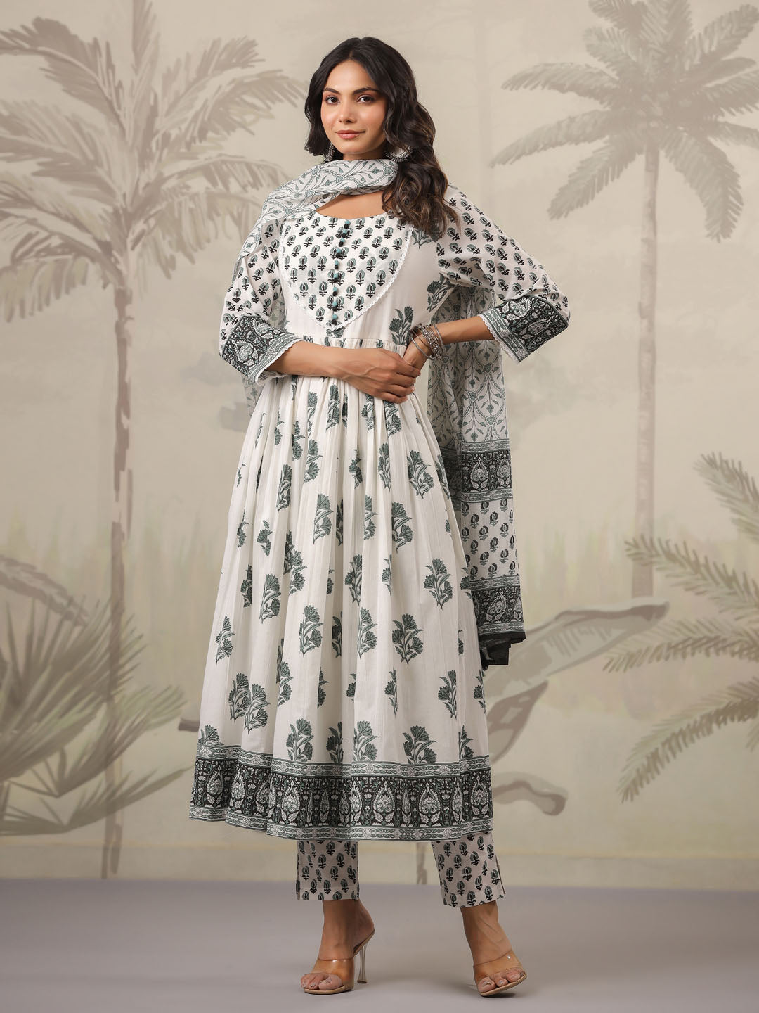 Floral Printed Cotton Kurta With Pants &amp; Dupatta
