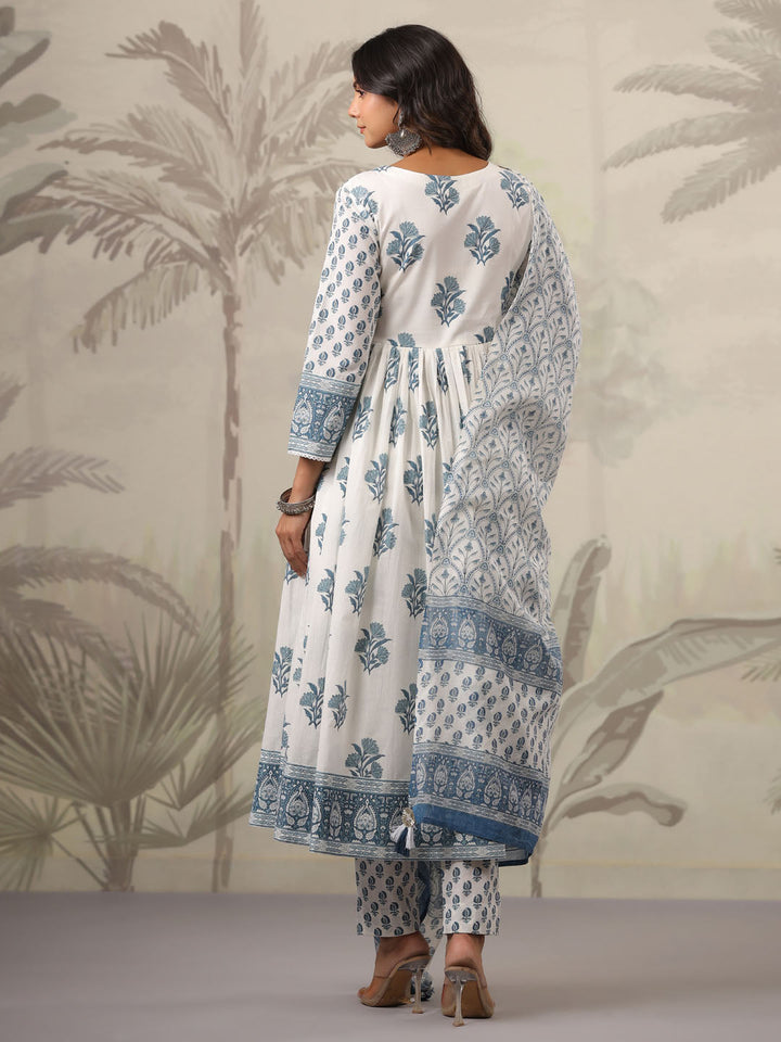 Floral Printed Cotton Kurta With Pants &amp; Dupatta